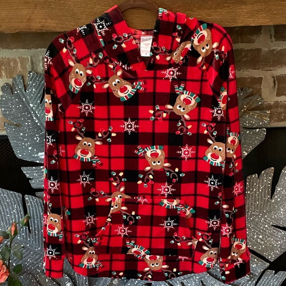 Red Buffalo Check Reindeer Plush Velvet Hoodie Hand Warmer Pocket
